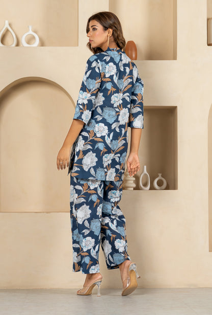 Orchid Oasis Blue Cotton Loungewear Co-ords Set