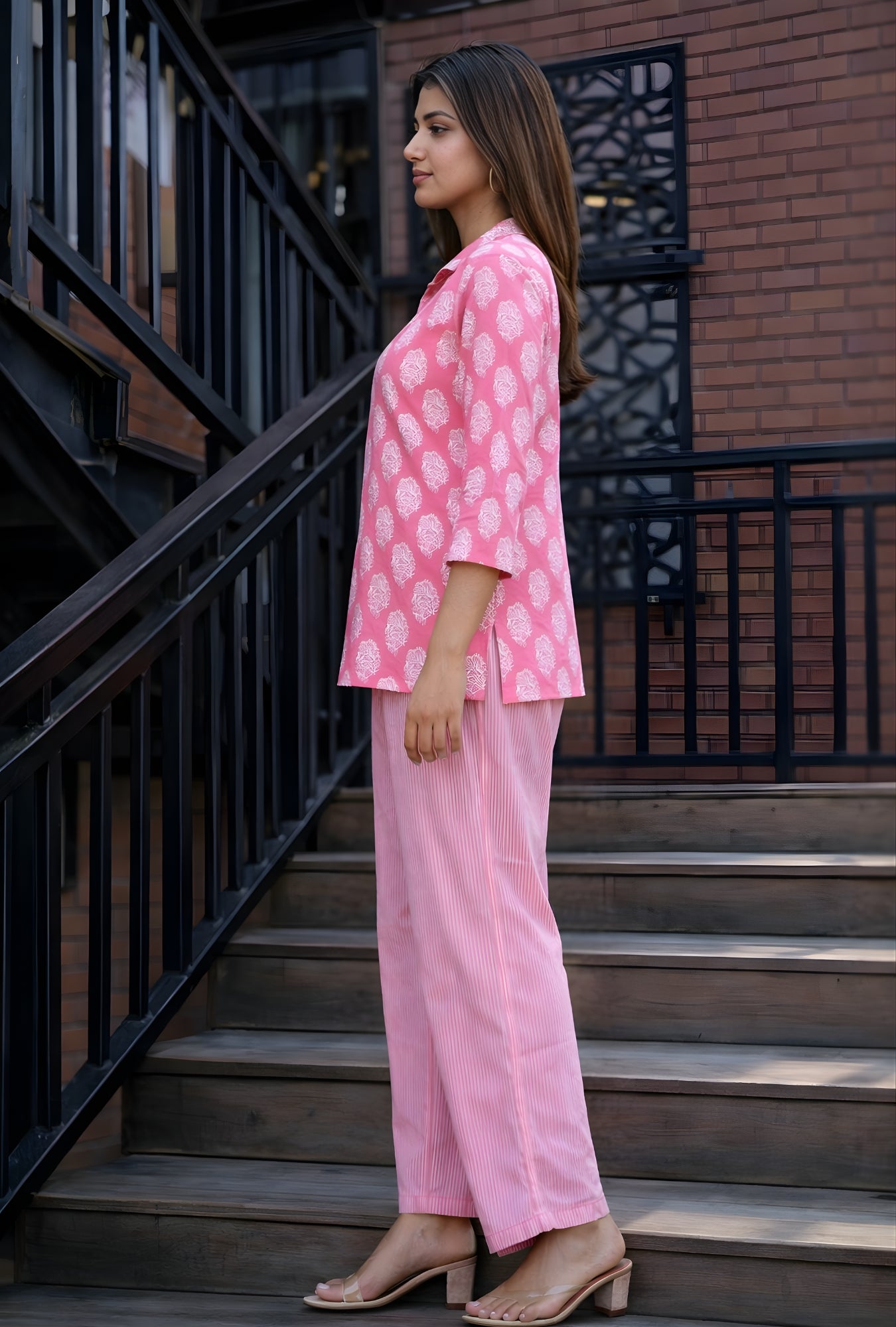 Bell Buta Pink Cotton Loungewear Co-ords Set