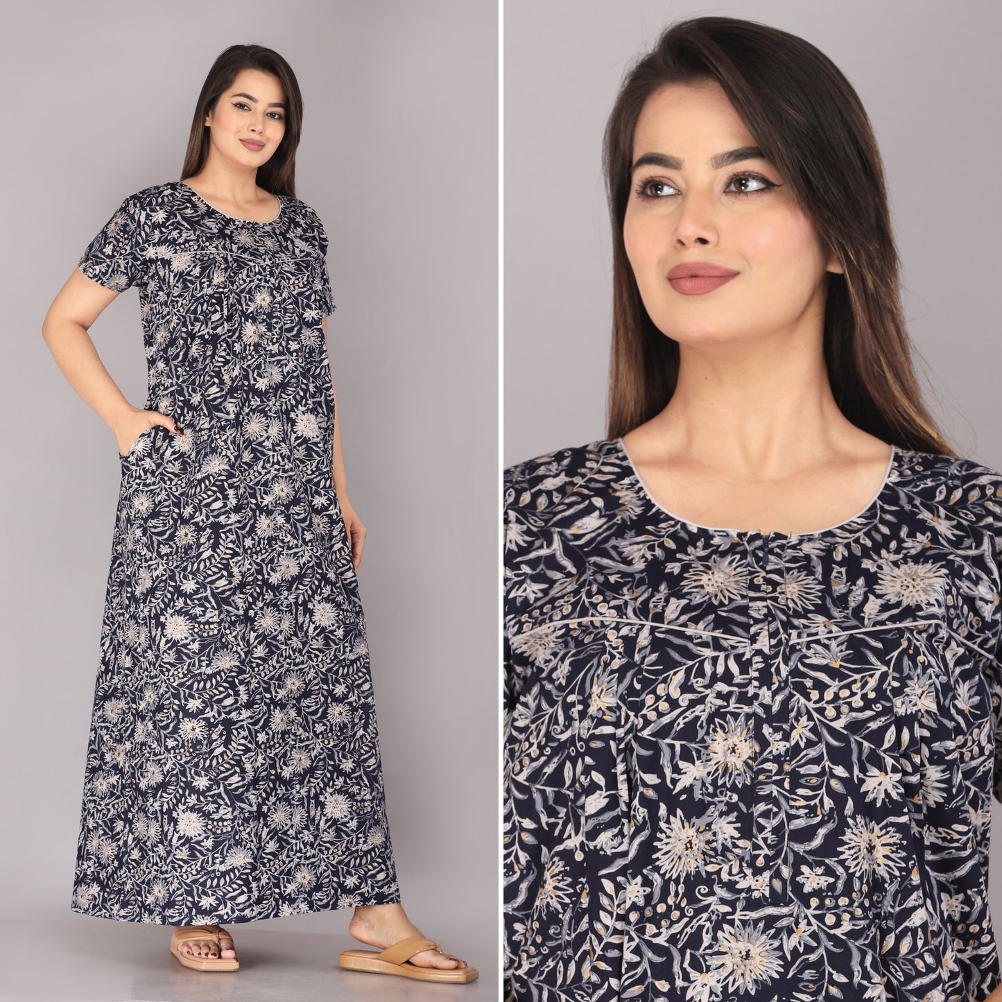 Berries Blue Cotton Printed Nightwear Gowns