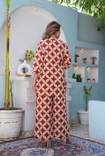 Cubika Maroon Printed Cotton Co-ords Set