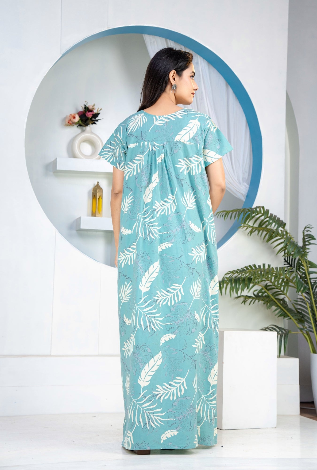 Plum Leaf Sea Green Cotton Printed Nightwear Gowns