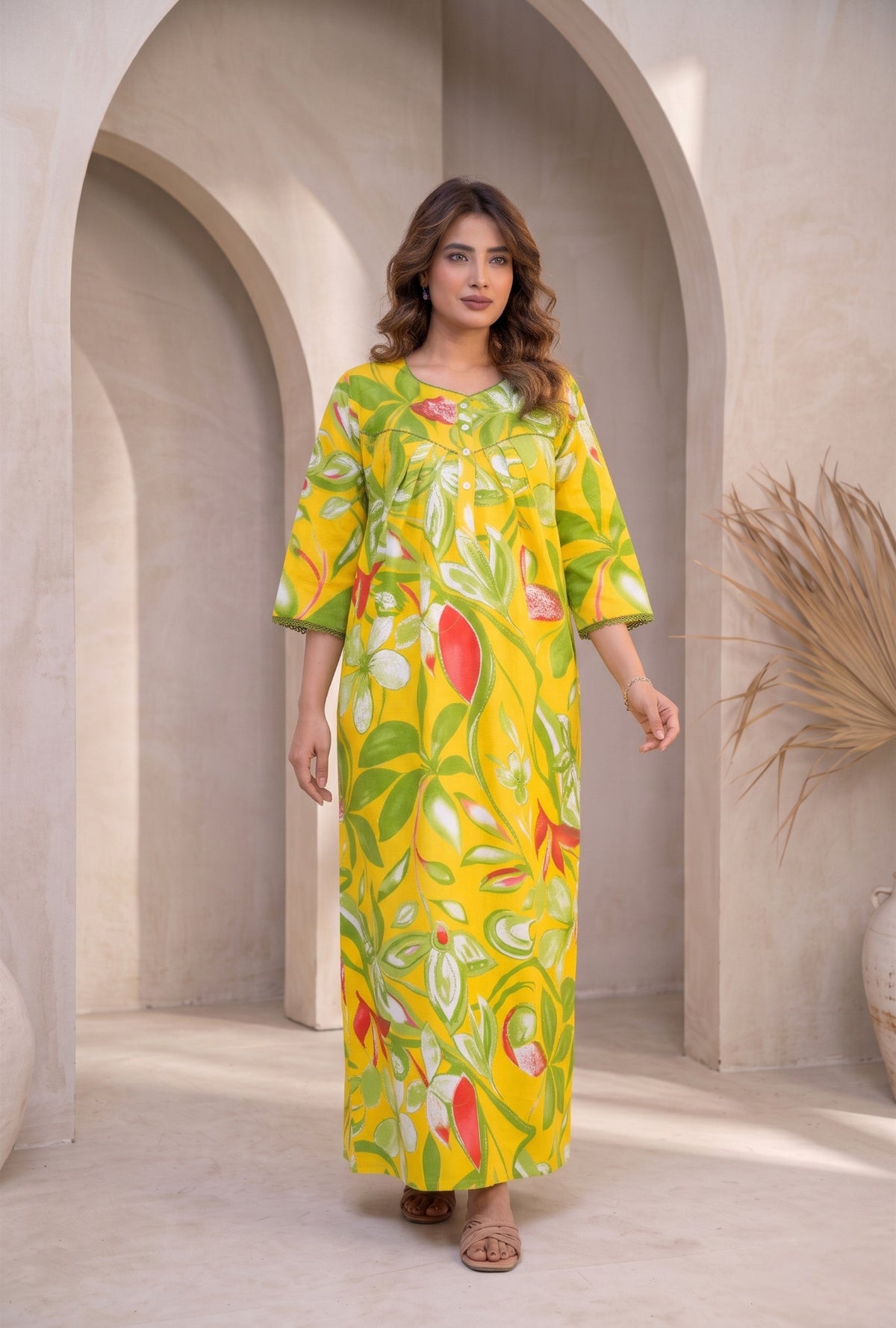 Tropical Breeze Yellow Floral Cotton Night Gown