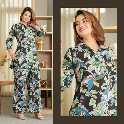 Verda Black Cotton Loungewear Co-ords Set