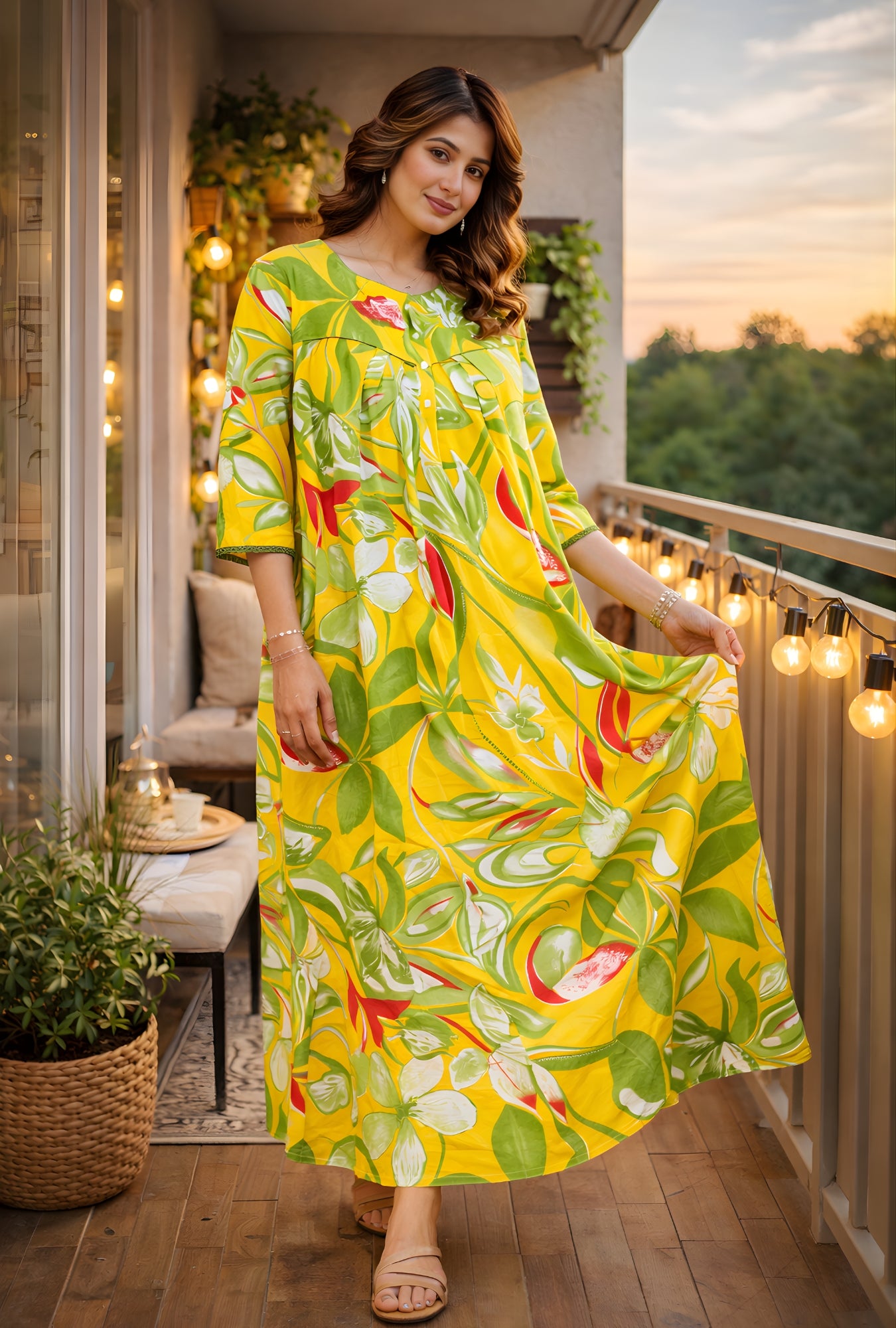 Tropical Breeze Yellow Floral Cotton Night Gown