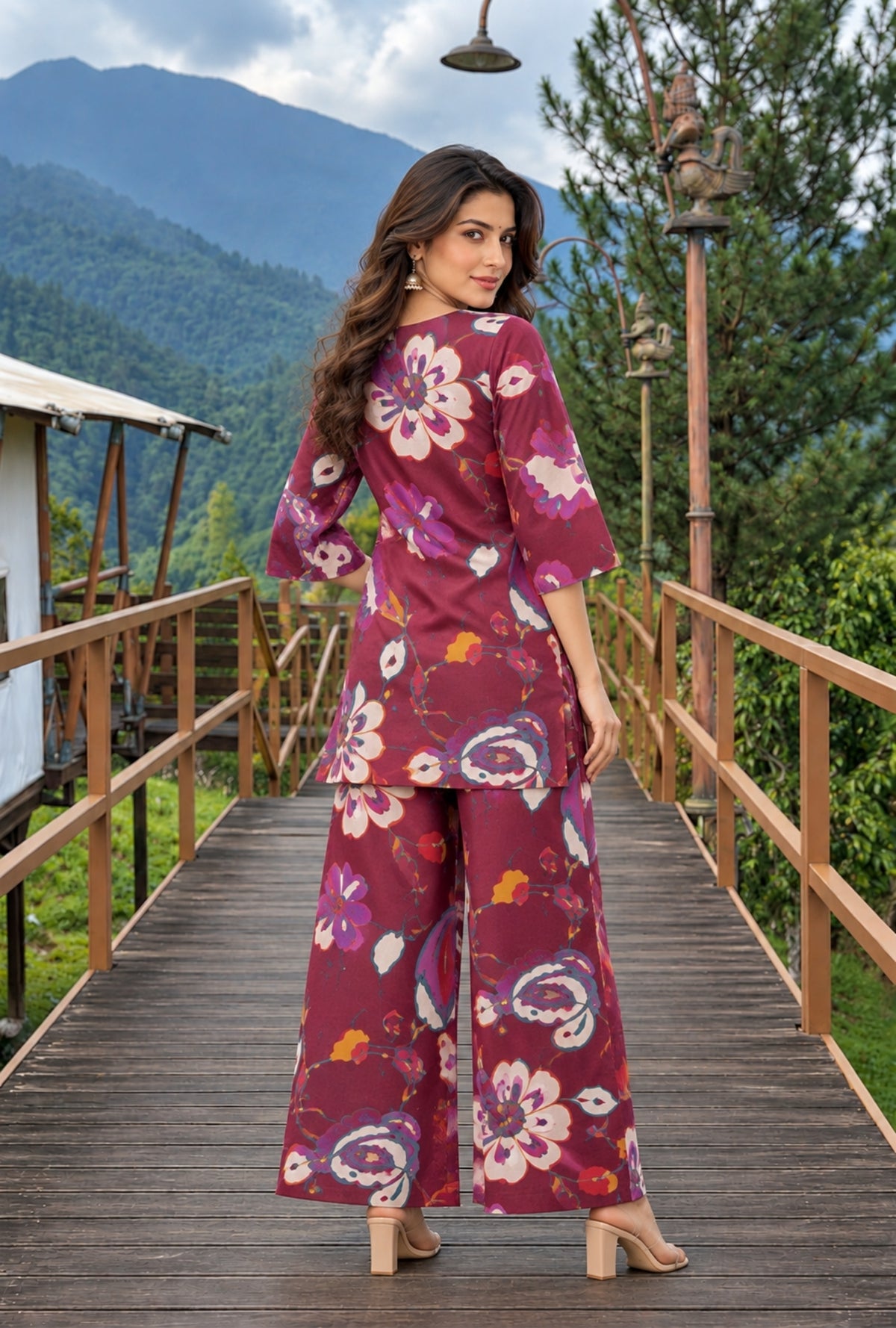 Sapphire Jardin Wine Printed Cotton Co-ords Set