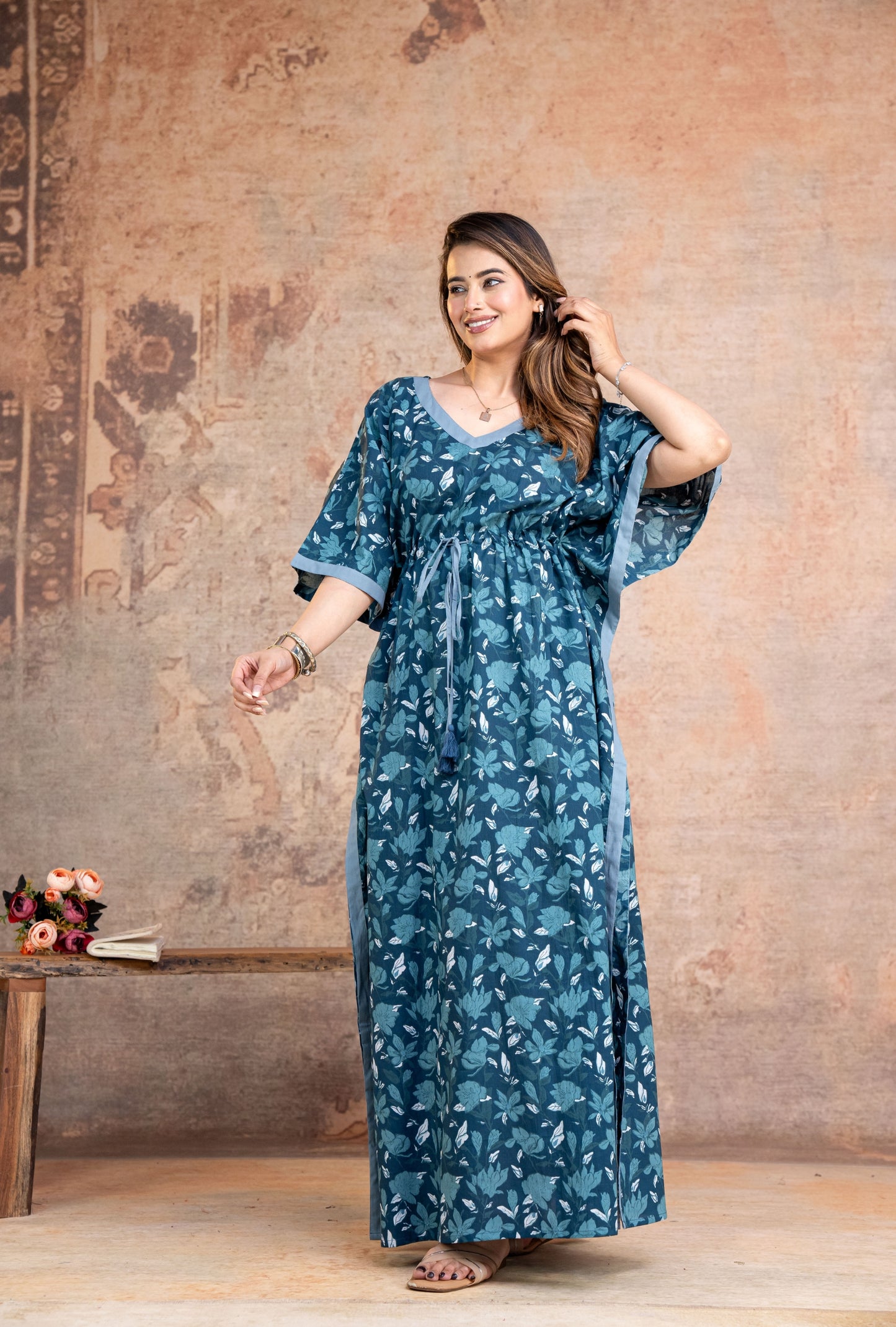 Lotus Leaves Navy Blue Loungewear Cotton Kaftan