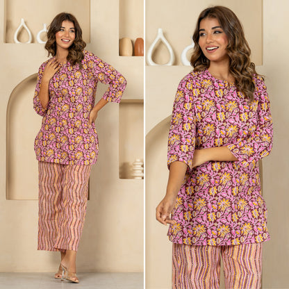 Shadow Bloom Maroon Print Cotton Loungewear set