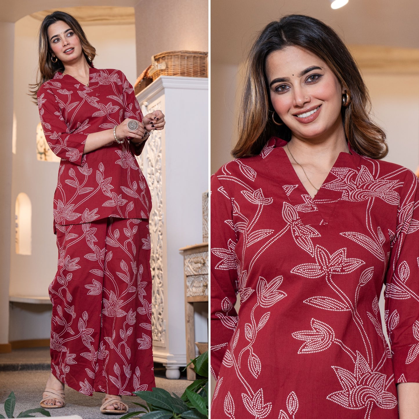 Heritage Dot Maroon Printed Cotton Co-ords Set