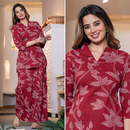 Heritage Dot Maroon Printed Cotton Co-ords Set