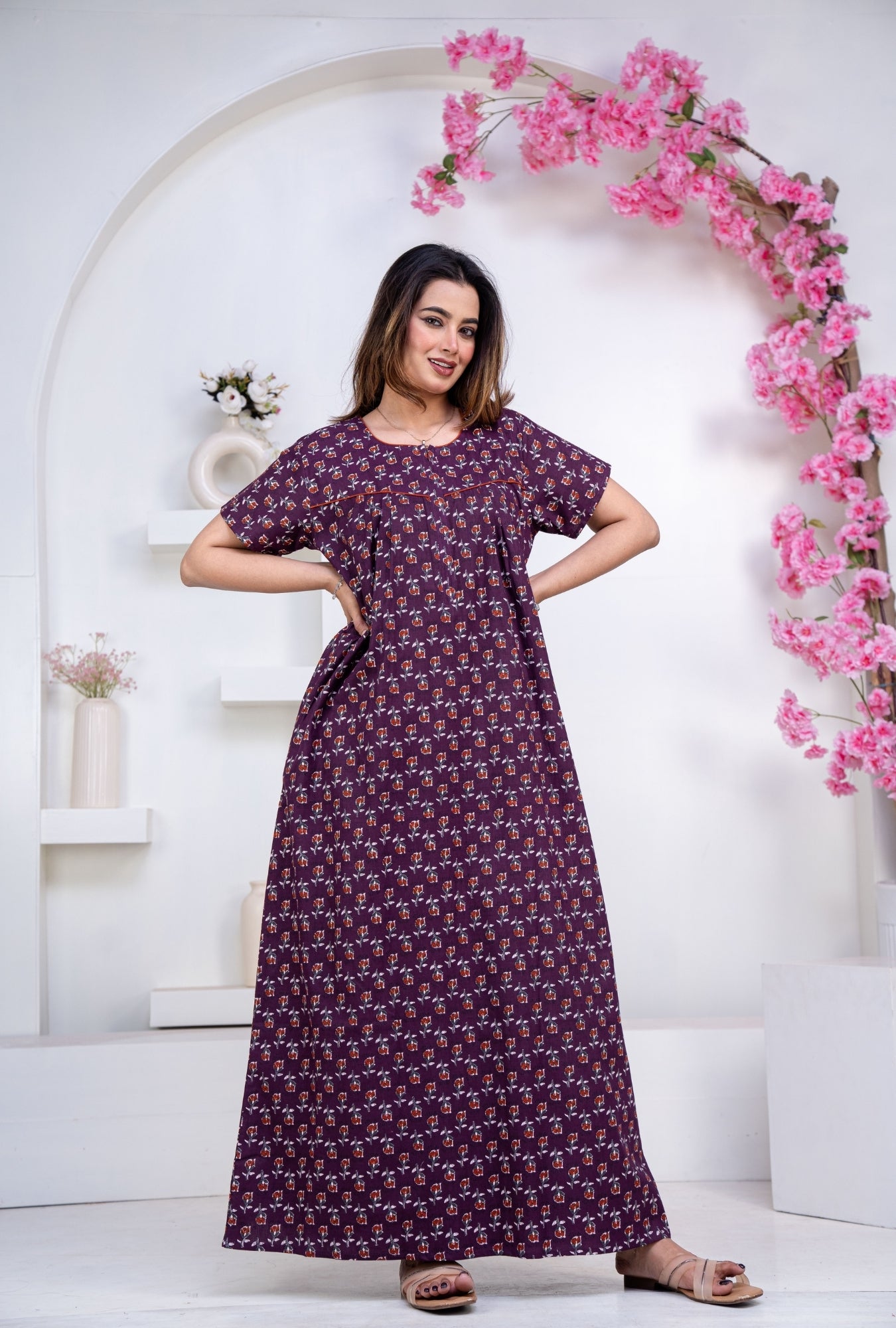 Dandelion Purple Cotton Printed Nightwear Gowns