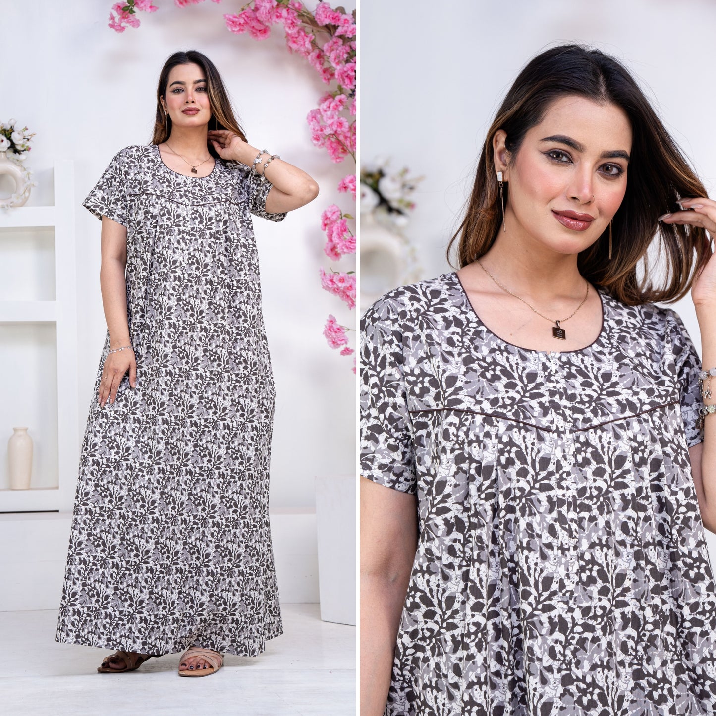 Batik Flower Grey Cotton Printed Nightwear Gowns
