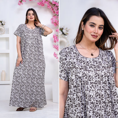 Batik Flower Grey Cotton Printed Nightwear Gowns
