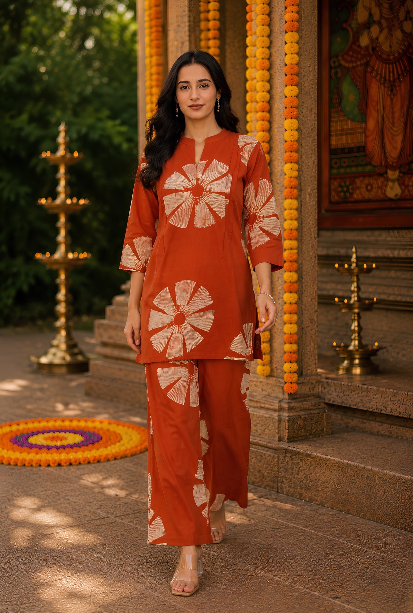 Azure Breeze Rust Printed Cotton Co-ords Set