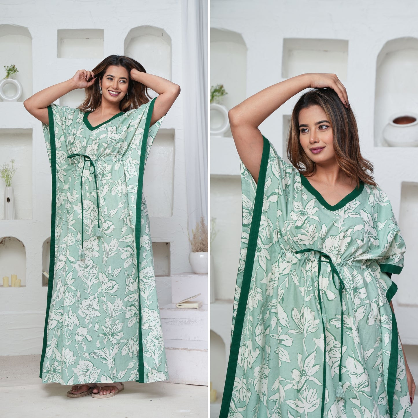 Pastel Flower Mint Loungewear Cotton Kaftan