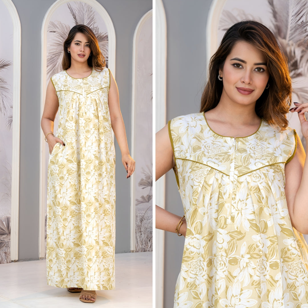 Petal Crush Mehndi Sleeveless Cotton Night Gown