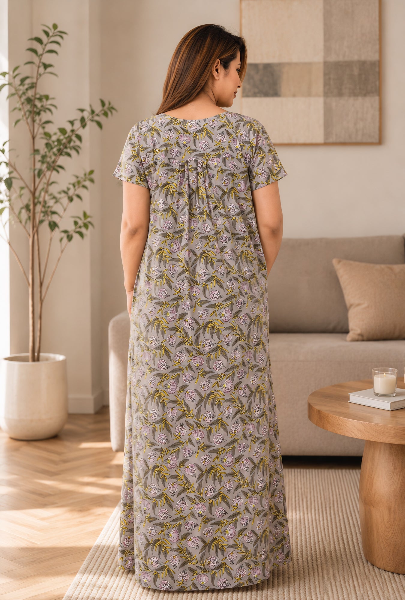 Daisy Delight Grey Cotton Printed Nightwear Gowns