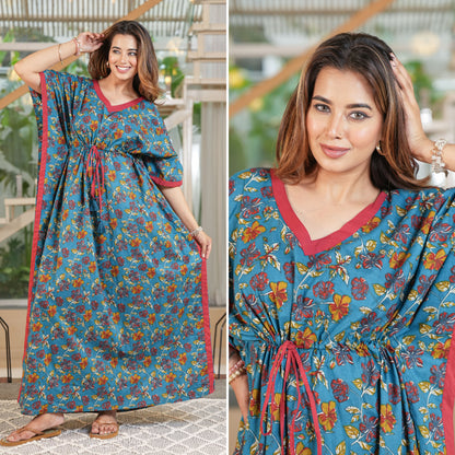 Tropical Teal Loungewear Cotton Kaftan