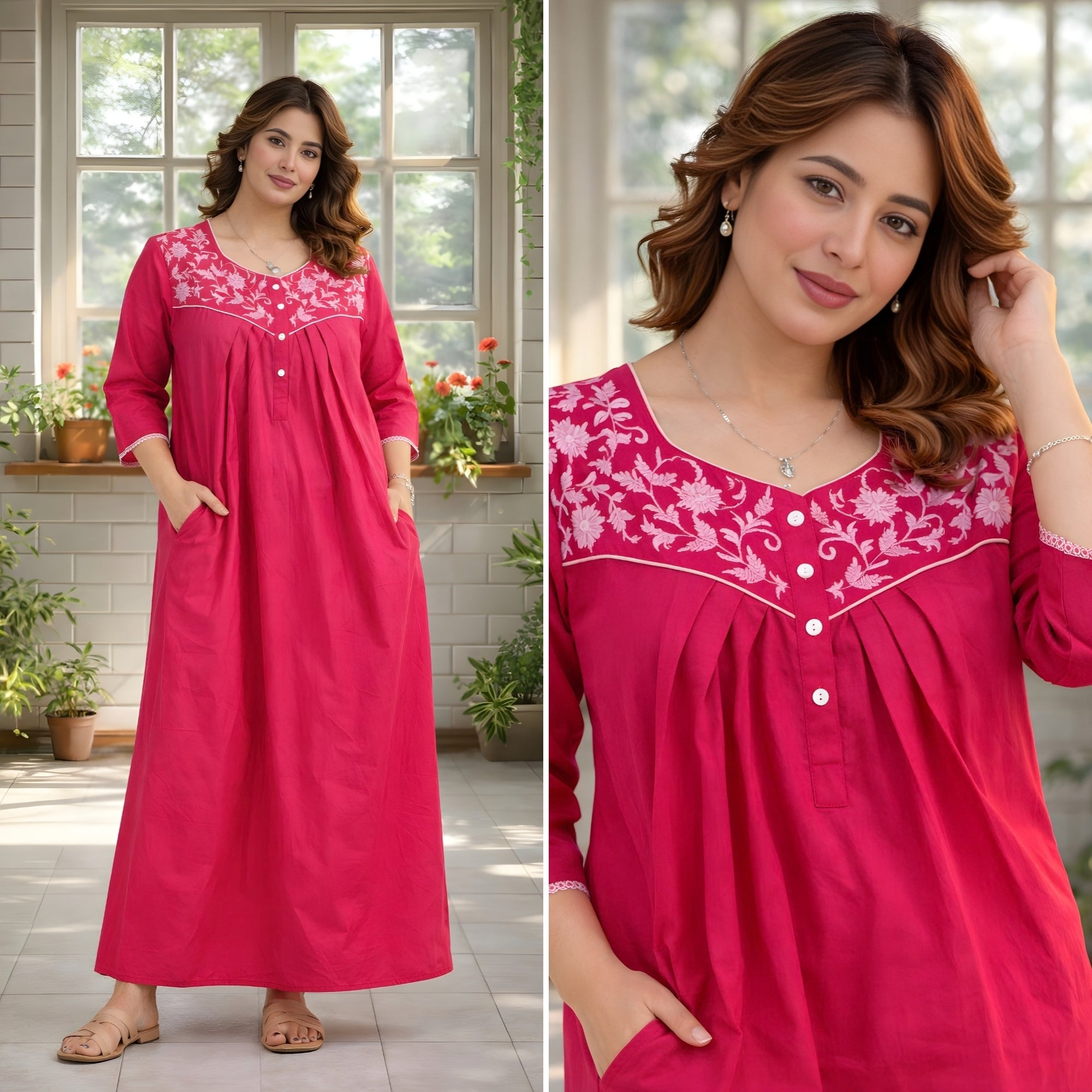Fuchsia Pink Floral Embroidey Yoke Cotton Night Gown