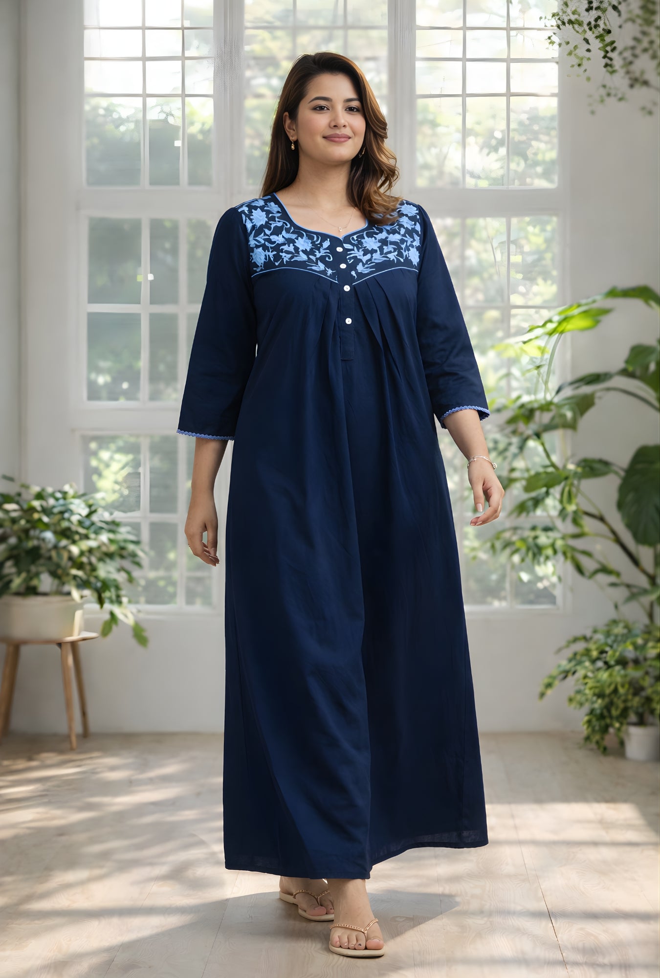 Navy Blue Floral Embroidery Yoke Cotton Night Gown