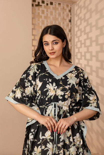 Black Botanica Printed Cotton Loungewear Kaftan