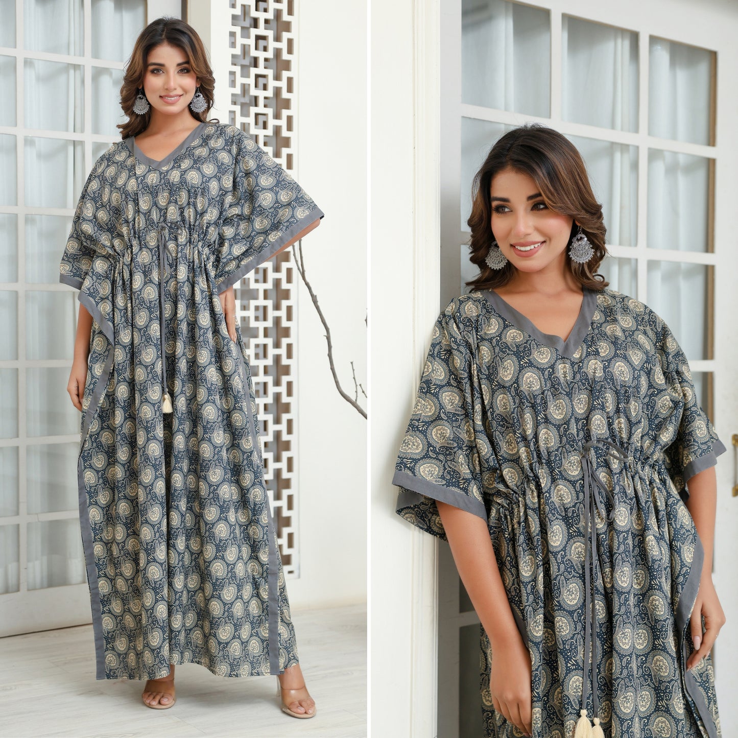 Indus Valley Grey Printed Cotton Loungewear Kaftan