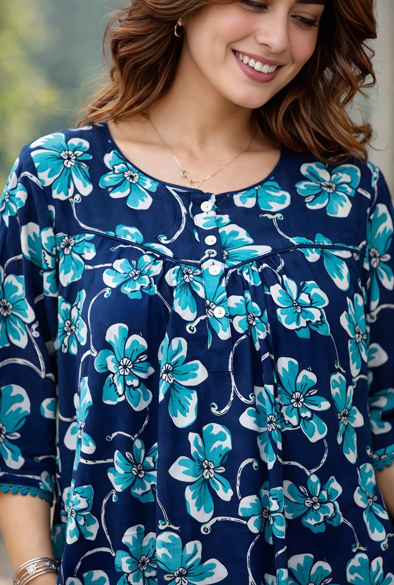 Ocean Bloom Blue Floral Cotton Night Gown