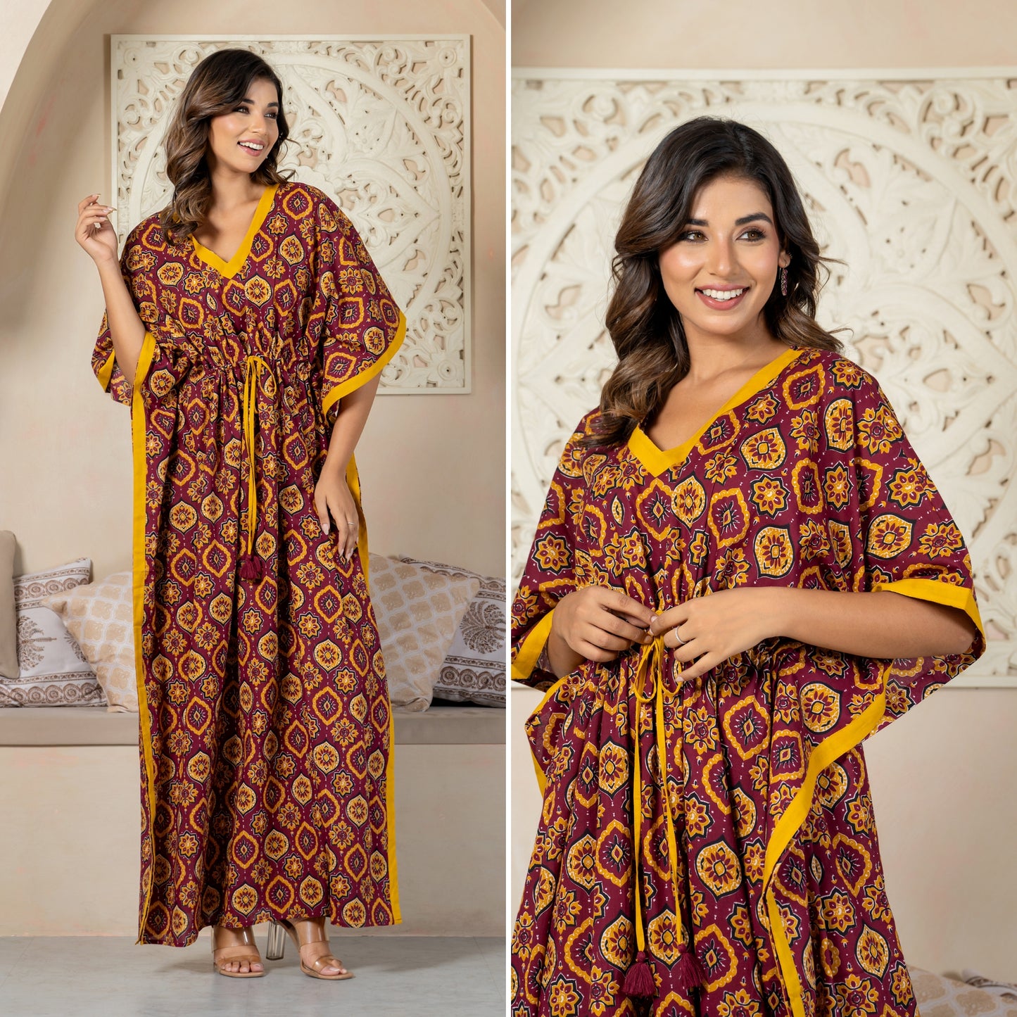 Maharani Motif Maroon Cotton Loungewear Kaftan