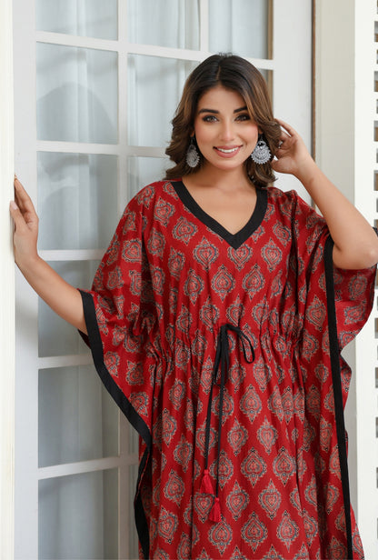 Ajrak Buta Maroon Printed Cotton Loungewear Kaftan