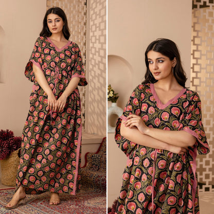 Neo Ethnic Black Printed Cotton Loungewear Kaftan