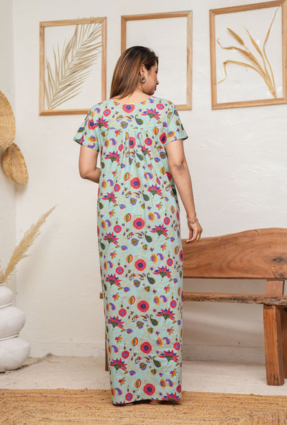 Paisley Flower Pista Cotton Printed Nightwear Gowns