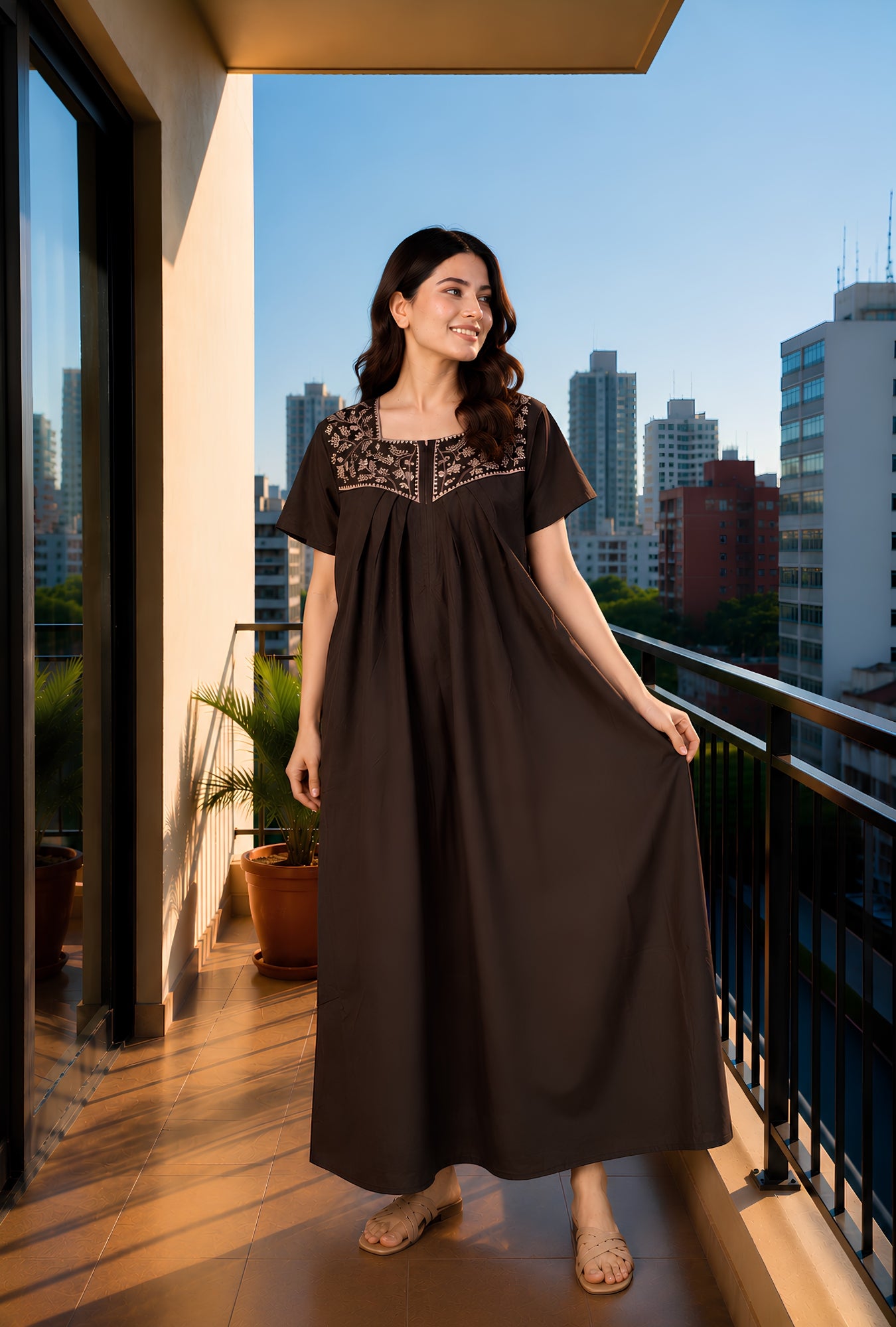 Crimson Bloom Coffee Embroidery Yoke Cotton Night Gown