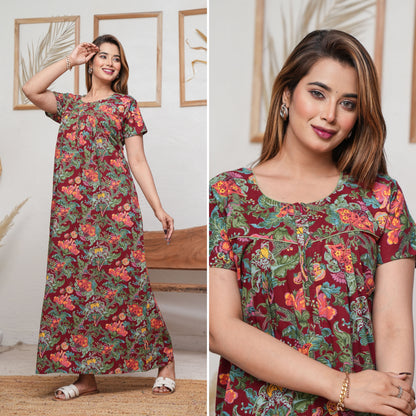 Palaash Maroon Cotton Printed Nightwear Gowns