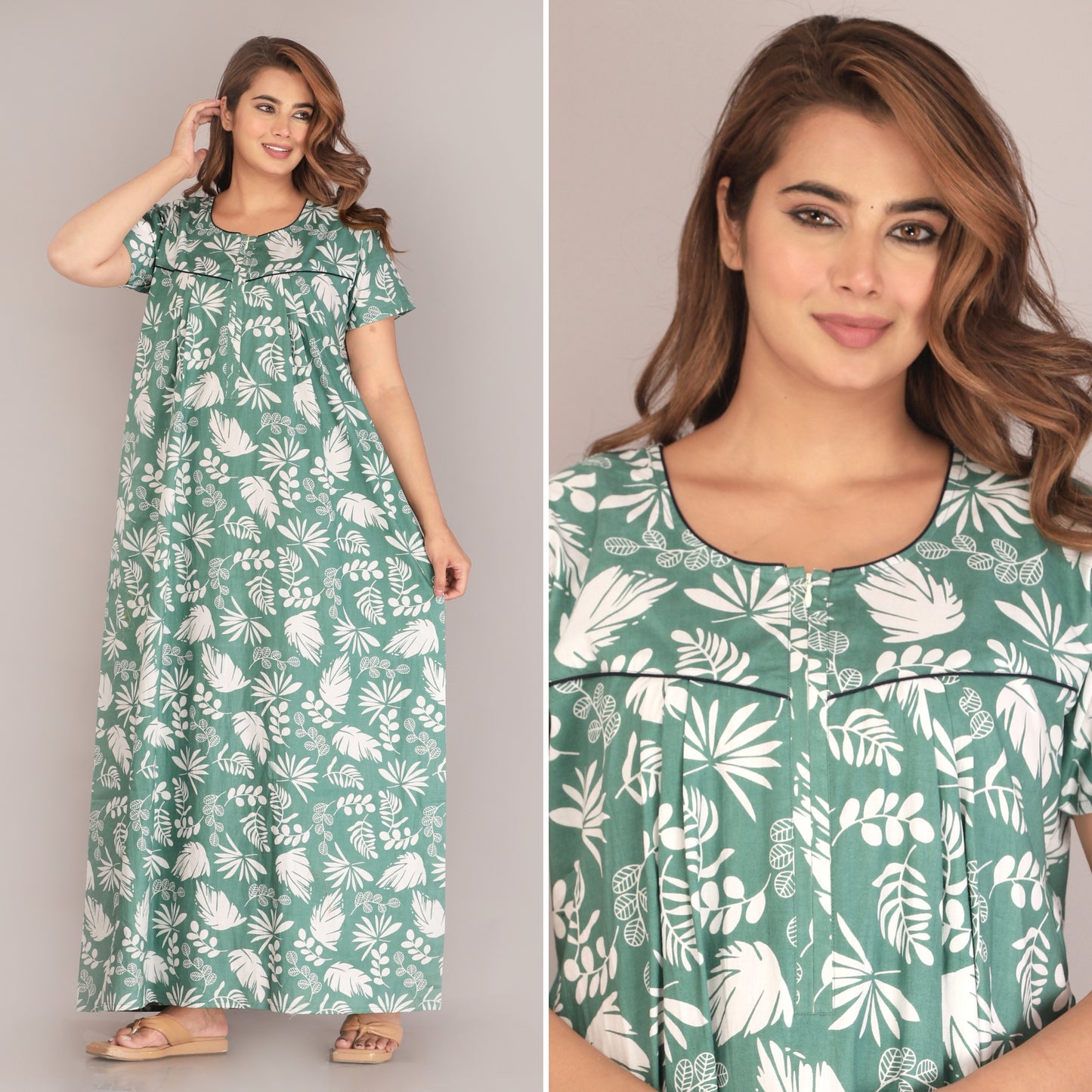 Pine Leaf Green Cotton Printed Nightwear Gowns