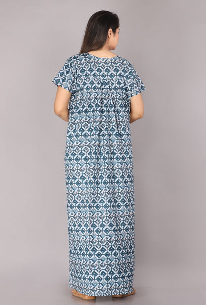 Cross Blocks Blue Cotton Printed Nightwear Gowns