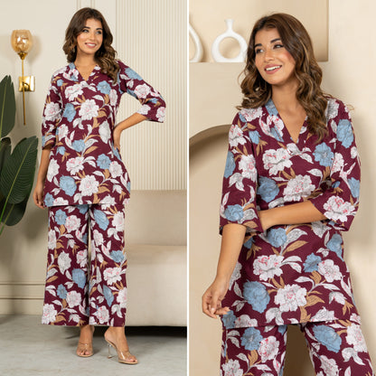 Orchid Oasis Wine Cotton Loungewear Co-ords Set