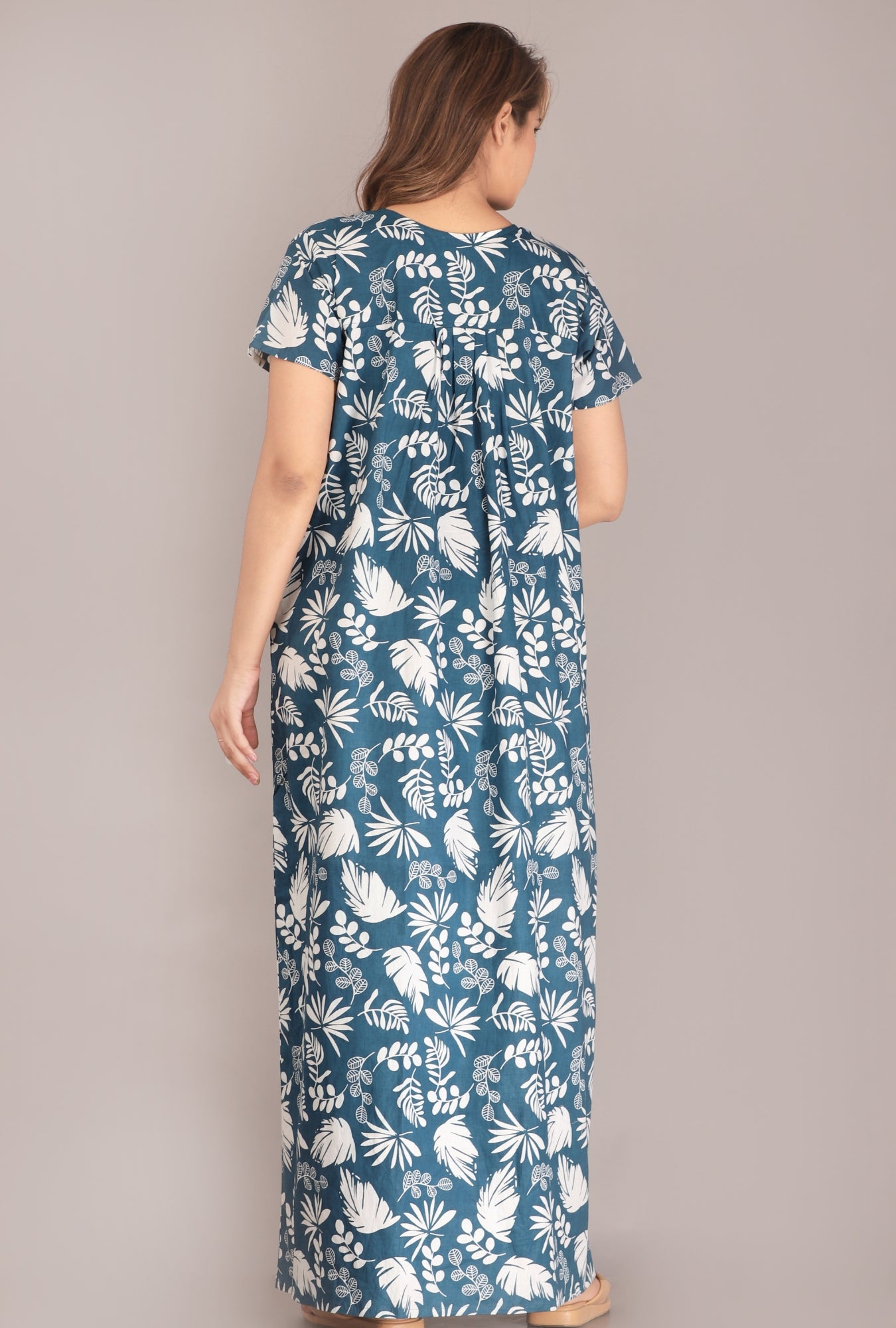 Pine Leaf Blue Cotton Printed Nightwear Gowns