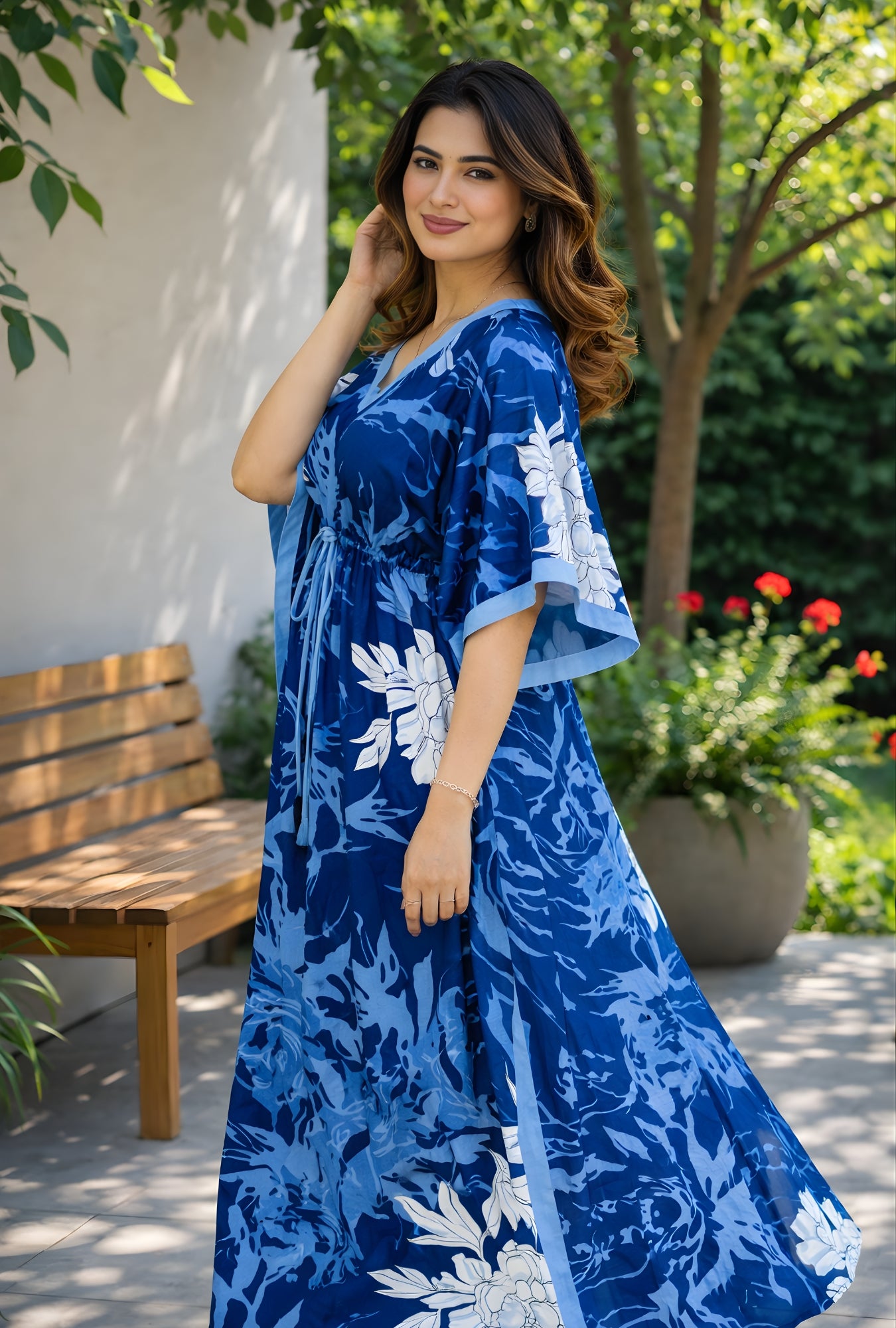 Palm Breeze Blue Loungewear Cotton Kaftan