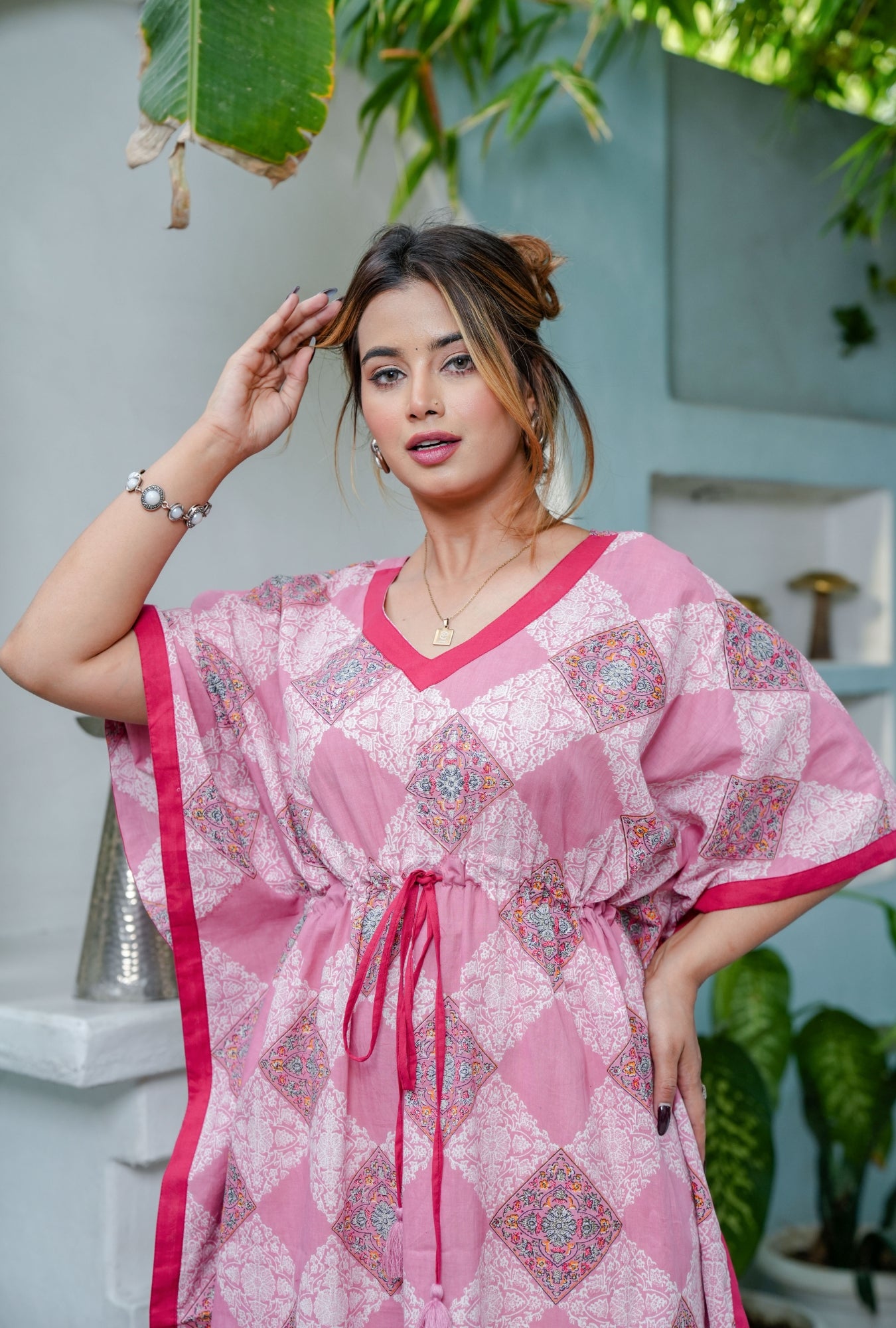 Pastel Bloom Pink Cotton Loungewear Kaftan