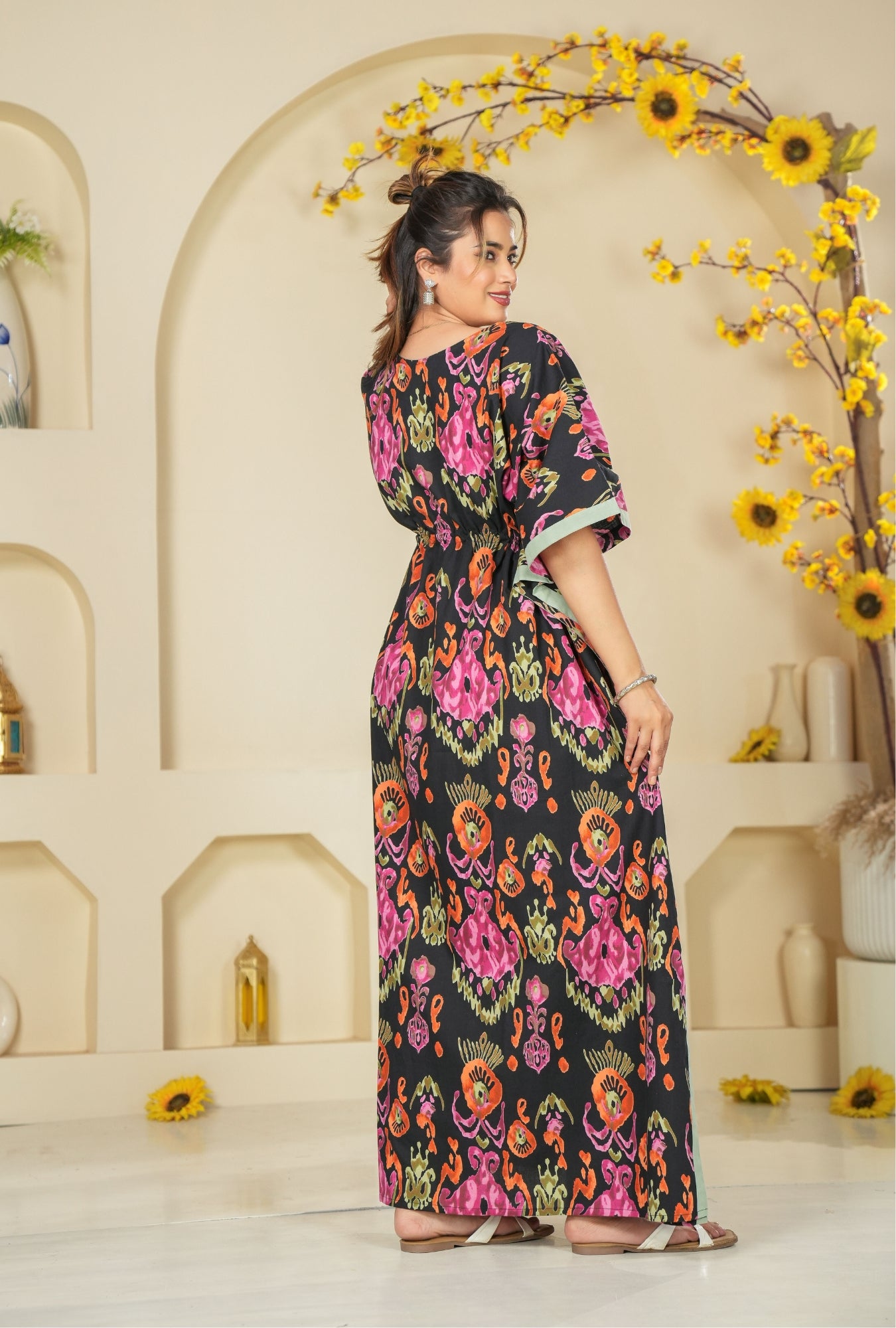 Ikkat Black Loungewear Cotton Kaftan