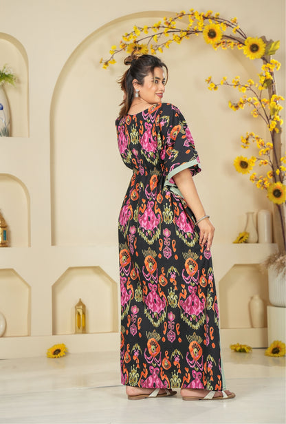 Ikkat Black Loungewear Cotton Kaftan