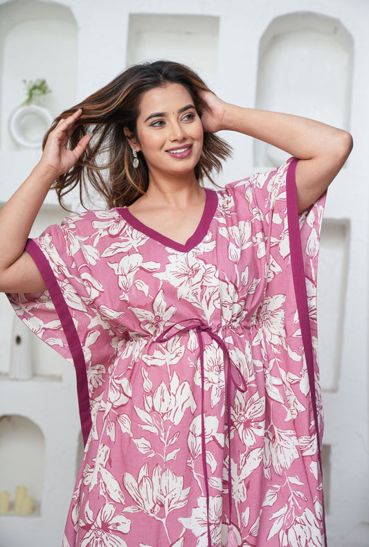 Pastel Flower Rose Loungewear Cotton Kaftan