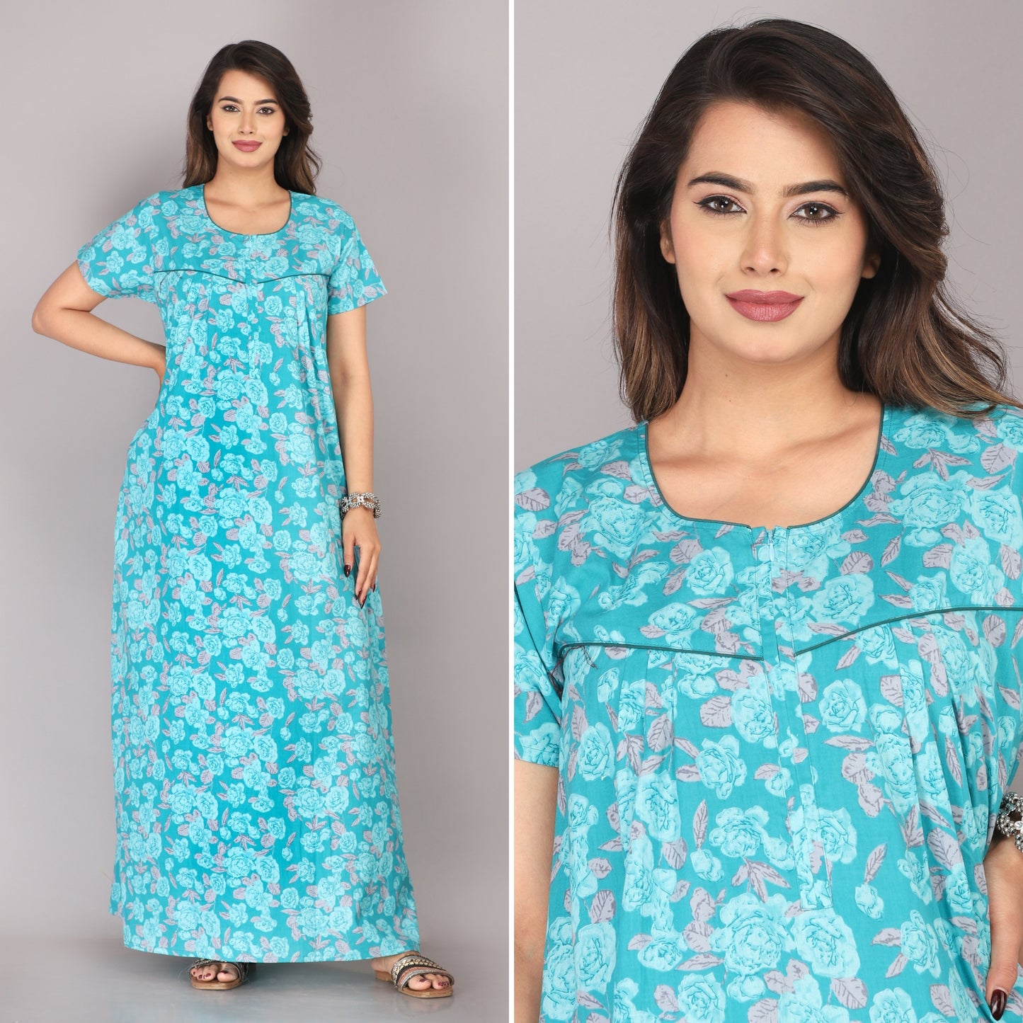 Rose Printed Sea Green Cotton Printed Nightwear Gowns