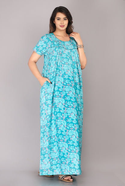 Rose Printed Sea Green Cotton Printed Nightwear Gowns