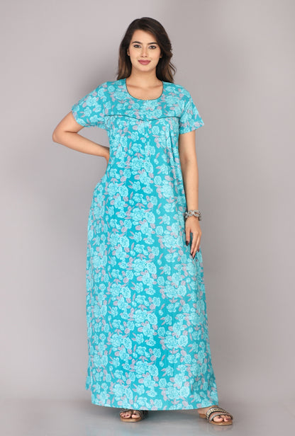 Rose Printed Sea Green Cotton Printed Nightwear Gowns