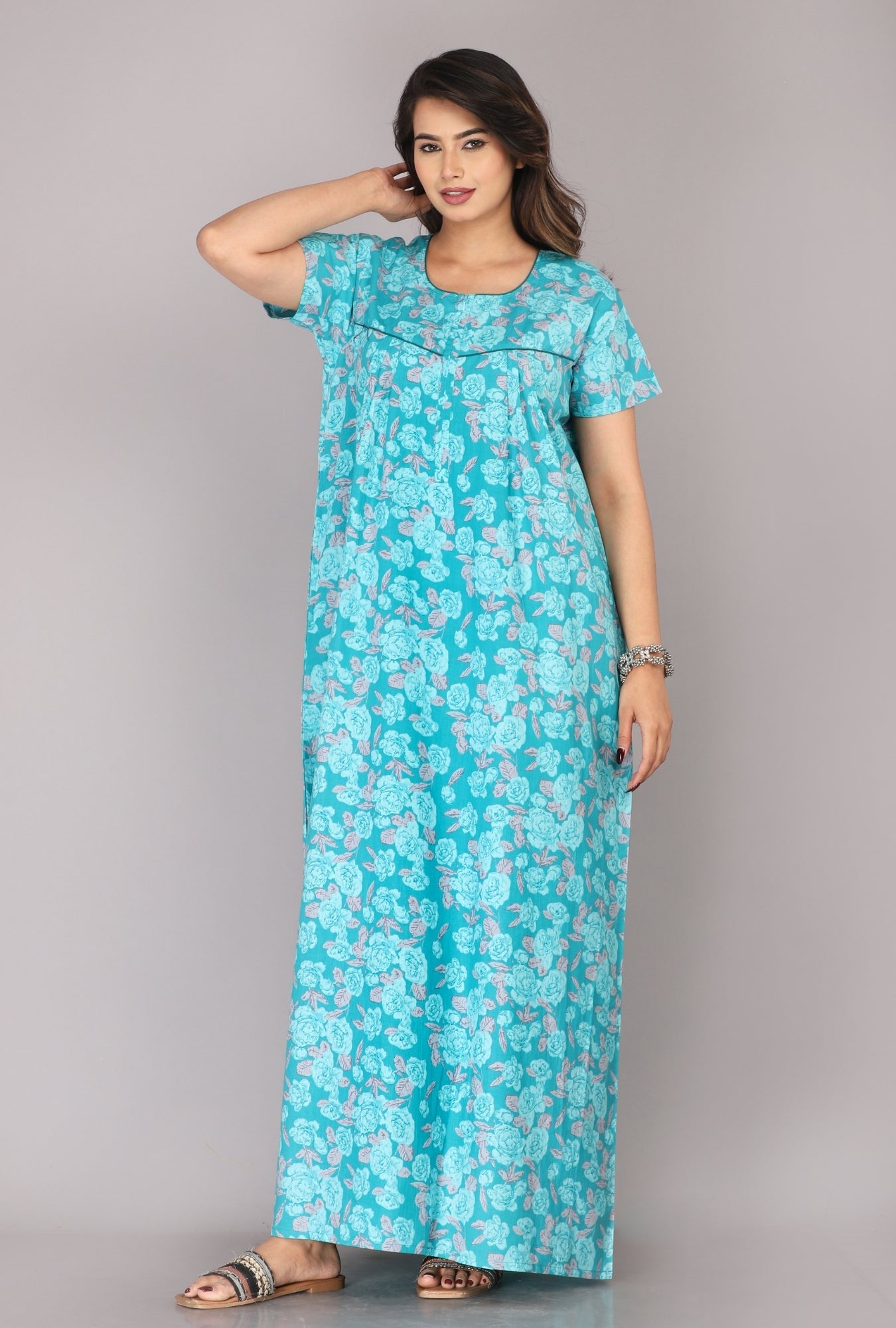 Rose Printed Sea Green Cotton Printed Nightwear Gowns