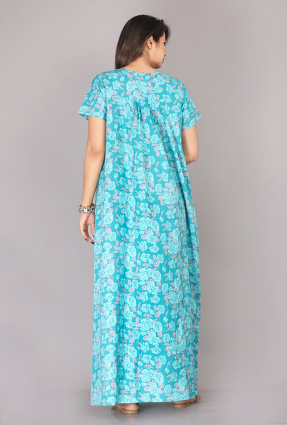 Rose Printed Sea Green Cotton Printed Nightwear Gowns