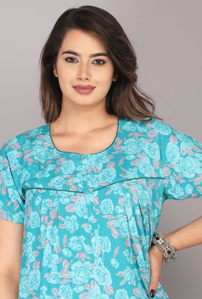 Rose Printed Sea Green Cotton Printed Nightwear Gowns