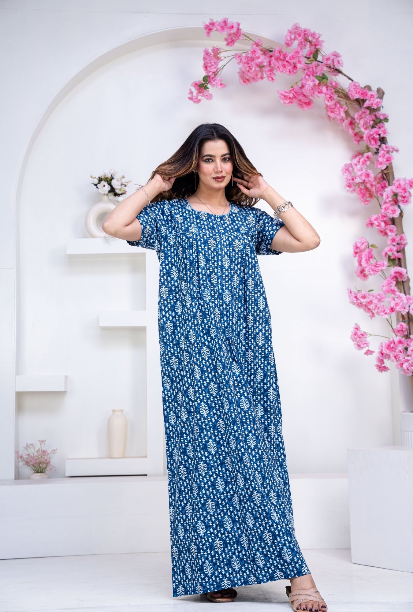 Fern Blue Cotton Printed Nightwear Gowns