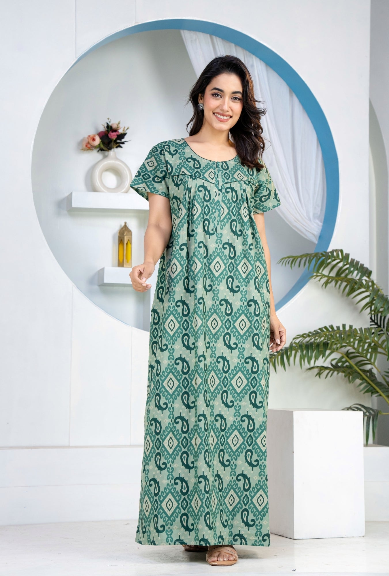 Ikkat Kairy Green Cotton Printed Nightwear Gowns