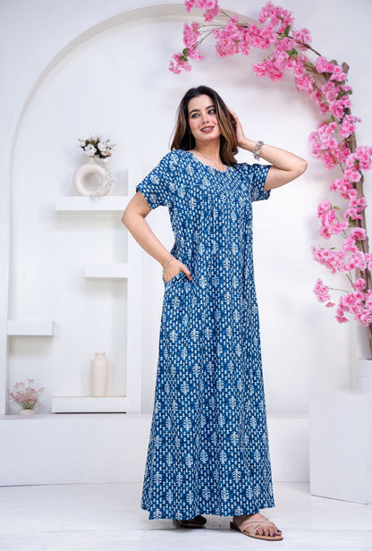 Fern Blue Cotton Printed Nightwear Gowns